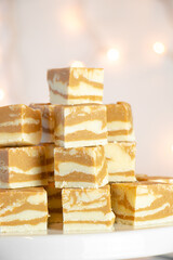 gingerbread and white chocolate swirl fudge with christmas decorations