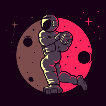 Funny Astronaut Playing Basketball