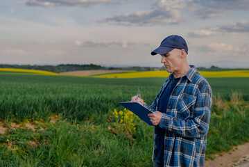 Portrait of Successful Farmer Working at Farm Looking at Crops Wheat Field