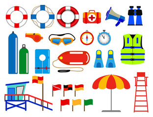 set of various lifebuoy isolated or lifeguard rescue equipment or safety beach worker with life jacket concept. eps 10 vector, easy to modify