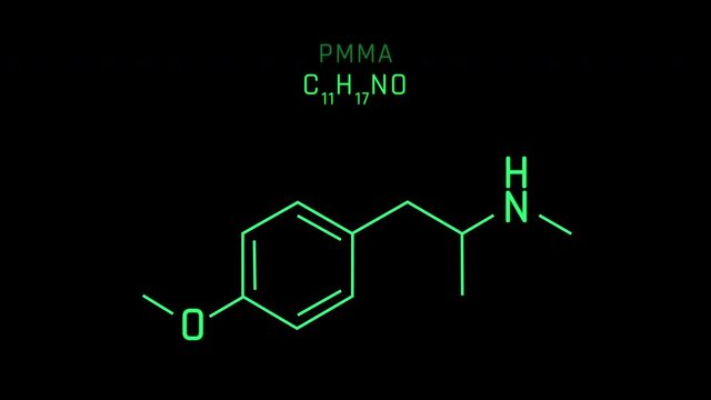 para-Methoxy-N-methylamphetamine also known as PMMA or Red Mitsubishi Molecular Structure Symbol Neon Animation on black background
