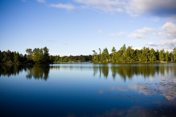 Calm lake water shot in Muskoka, Ontario Cottage Country