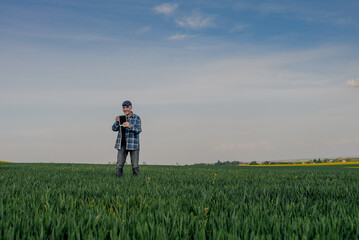 Portrait of Successful Farmer Examining Crops at Agriculture Field. Farmer Looking at Crops Wheat Field