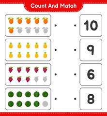Count and match, count the number of Fruits and match with right numbers. Educational children game, printable worksheet, vector illustration