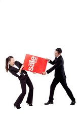 Business people with red cardboard