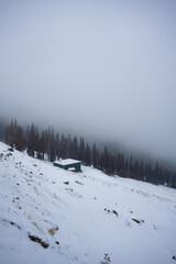Beautiful Green shed on a mountain in the winter, Colorado