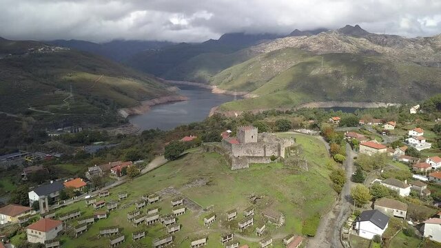 A beautiful high angle view of the Castle of Lindoso with typical "Espigueiros" Portugal in 4K