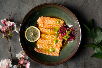 A Bowl of Sashimi Salmon with Wasabi
