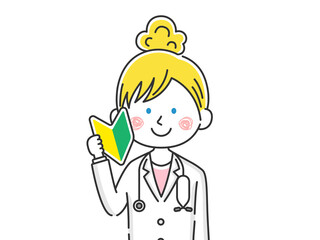 初心者マークを持つ白人女医のイラスト