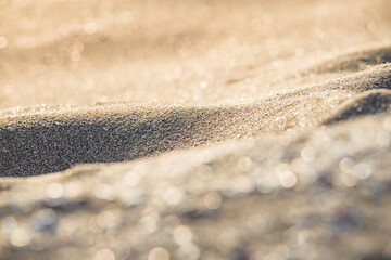 Soft Wave Of Blue Ocean On Sandy Beach. Background. Selective focus.