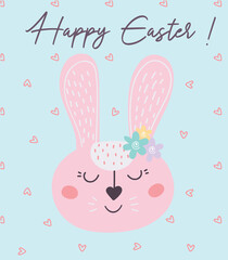  Happy Easter.Greeting card with bunny and eggs.