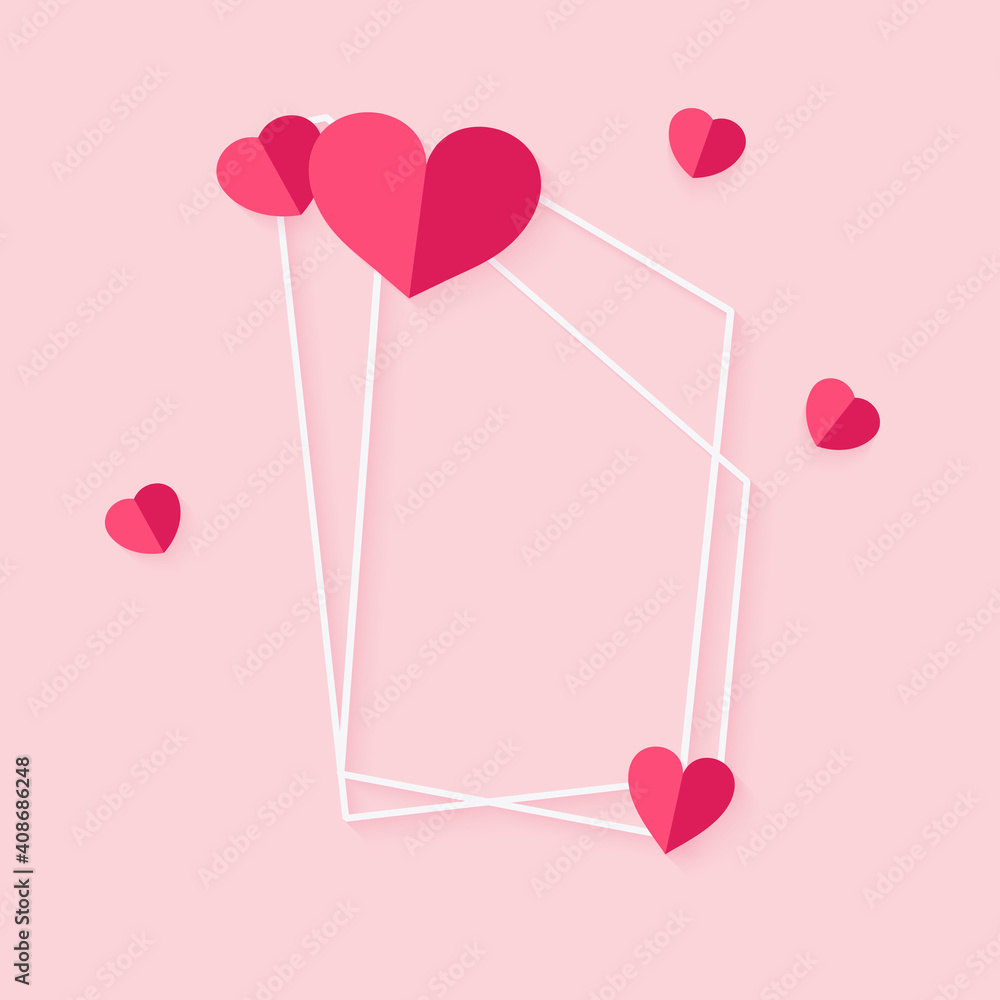 Poster closeup of abstract polygonal geometric white frame with pink hearts. template empty text banner for