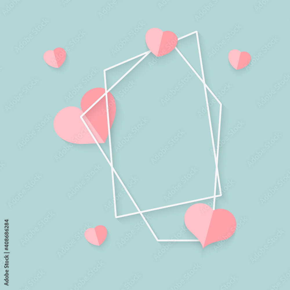 Poster closeup of abstract polygonal geometric white frame with pink hearts. template empty text banner for
