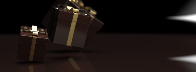 Dark blown closed gift boxes with gold ribbon on black background. 3D illustration. 3D CG. 3D high quality rendering.