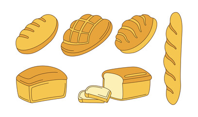 Bakery doodle cartoon icon set. Bread rye, whole grain and wheat loaf bread and french baguette, sketch ciabatta. Baked goods, design menu bakery pastry symbol. Stylish modern vector illustration