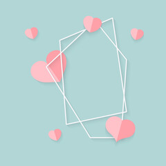 Closeup of abstract polygonal geometric white frame with pink hearts. Template empty text banner for Valentines day. Design element polyhedron frame for wedding invitation card. Vector illustration