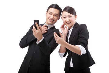 Business people looking mobile phone