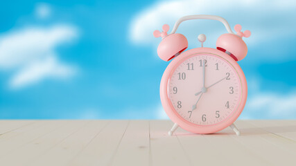 Pink clock at 7.00 on wooden table and bright sky background.  Selective focus and copy space for your text. pastel color concept, 3D Render.