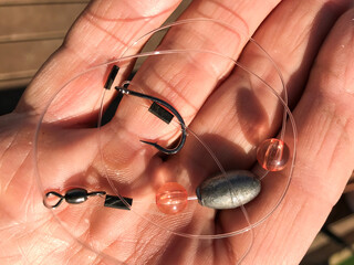 Carolina fish rig on a man's palm © Sergey + Marina