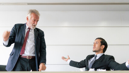 aggressive senior boss businessman complain staff and throws document file in meeting conference...