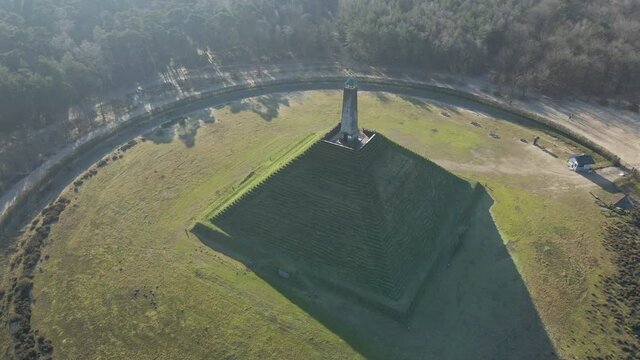 Aerial orbit of Austerlitz Pyramid in the Netherlands on a sunny day. The Piramide van Austerlitz is a monument in the Netherlands, built in 1804 as a tribute to Napoleon Bonaparte.