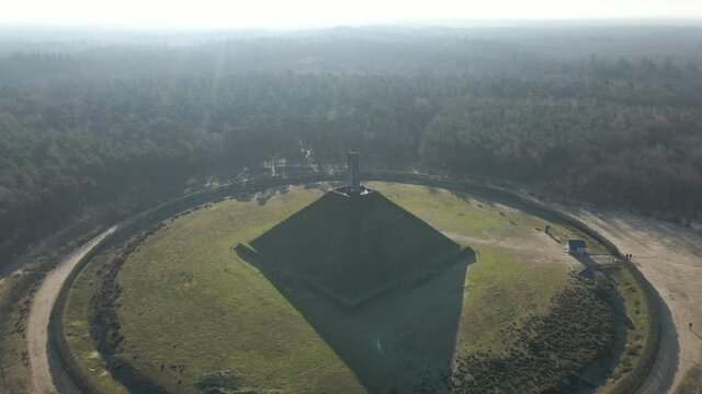 Aerial of Austerlitz Pyramid in the Netherlands on a sunny day. The Piramide van Austerlitz is a monument in the Netherlands, built in 1804 as a tribute to Napoleon Bonaparte.