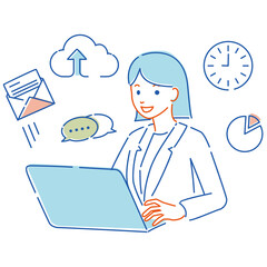 スーツの若い女性　パソコン仕事　3色塗