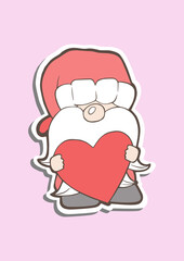 A cute Gnomes standing with heart. Hand drawn chibi cartoon character with love pink color. Doodle style for decoration or any design. Vector illustration about Valentine day.