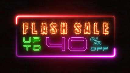 Flashing sale up to percent off colorful neon blaze sign banner in black background for promote. concept of promotion brand sale series 10-90%