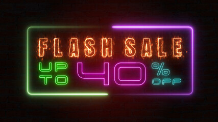 Flashing sale up to percent off colorful neon blaze sign banner in black background for promote. concept of promotion brand sale series 10-90%