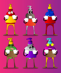 Cartoon bottle of hand sanitizer gel for hygiene with face reading book and hiding behind it.