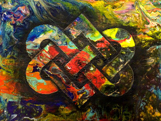 Celtic knot red yellow blue two hearts, liquid fluid acrylic painting