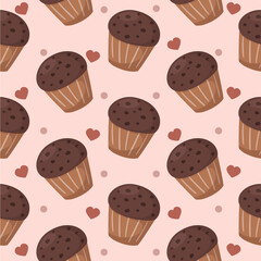 Vector seamless pattern of cupcakes with hearts. Print wallpaper desserts

