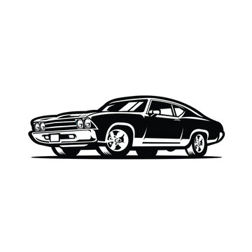 American Muscle Car Vector, Monochrome Image of American Muscle Car in White Background Isolated