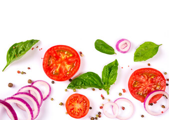fresh vegetables, herbs and spices isolated on white background