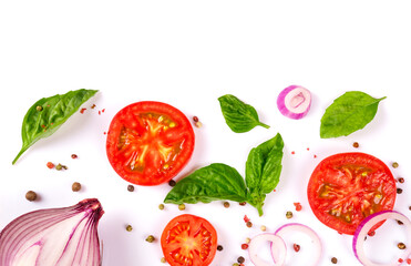 fresh vegetables, herbs and spices isolated on white background