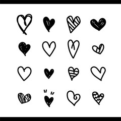 Heart vector. Set of love icon black hearts scribble. Hand drawn cartoon doodle design isolated on white background. Elements collection for Valentines. Vector illustration.