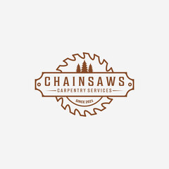 Obraz premium Carpentry and Wood saw Logo Vector, Chainsaws Line art Vintage Illustration, Carpenter and Wood Working Concept Design