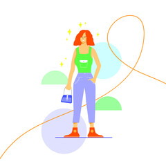 Stylish girl flat character design holding tiny bag