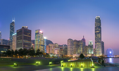 Fototapeta na wymiar Panorama of Skyline of Hong Kong city at dusk