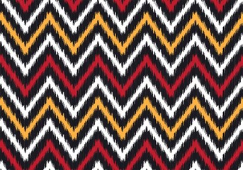 Vector modern ikat zig zag or chevron geometric shape with red, yellow seamless pattern background. Use for fabric, textile, decoration elements.