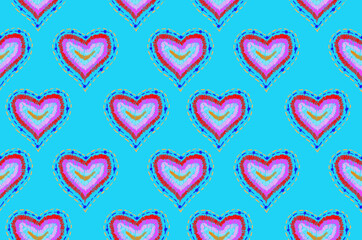 Obraz premium pattern of freehand sketch shape heart, colorful red pink blue orange color design elements isolated on light blue background, symbol love Valentine Day