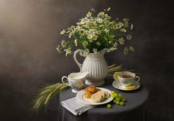 still life with coffee and flowers
