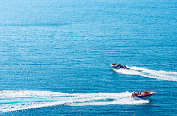 Fototapeta premium amazing view to two yachts or boats and clear dark blue water summer paradise. Copy space