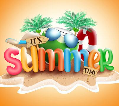 Summer time vector banner background. It's summer time text in beach island sand with tropical season elements like palm tree, sunglasses and lifebuoy for holiday vacation design. Vector illustration

