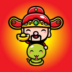 The cute god of wealth / cai shen cartoon character riding a snake