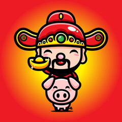 cute god of wealth / cai shen cartoon character riding a pig