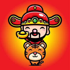 The cute god of wealth / cai shen cartoon character riding a tiger