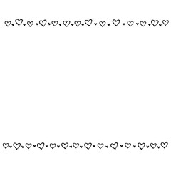 Backgrounds, frames of small outline black hearts. Hand drawn love romance theme. Horizontal top and bottom edging, border, decoration for birthday, Valentine's day, greeting card, wedding