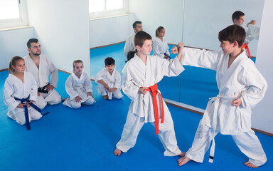 Fototapeta na wymiar Friendly positive boys training in pair to use karate technique during class